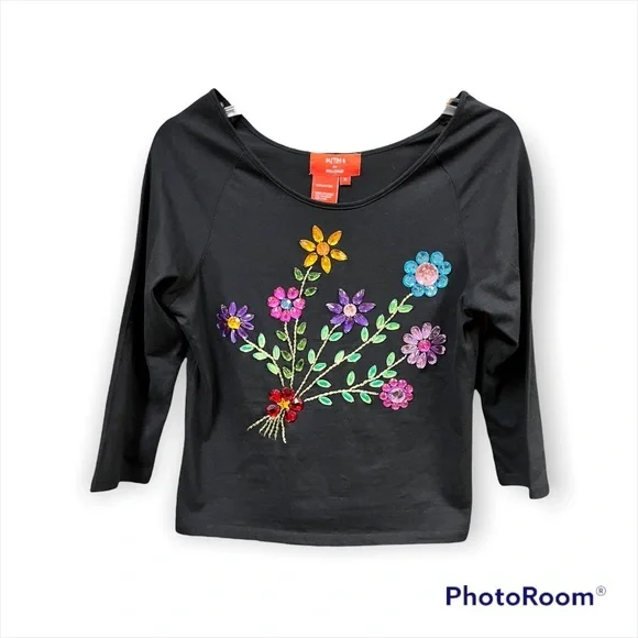 Metro 6 Nina Leonard Black Scoop Neck Floral Jeweled 3/4 Sleeve Top Size Medium - Picture 4 of 8